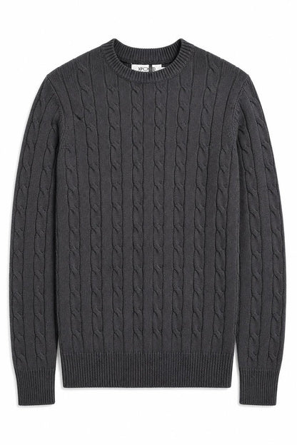 Men's Charcoal Grey 100% Cotton Fine Cable Knit Crew Neck Jumper