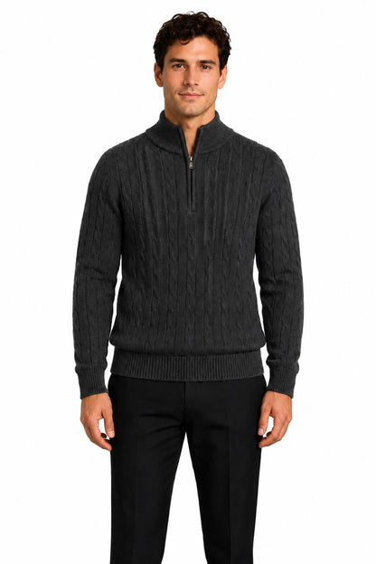 Men's Charcoal Grey 100% Cotton Fine Cable Knit Quarter Zip Neck Jumper
