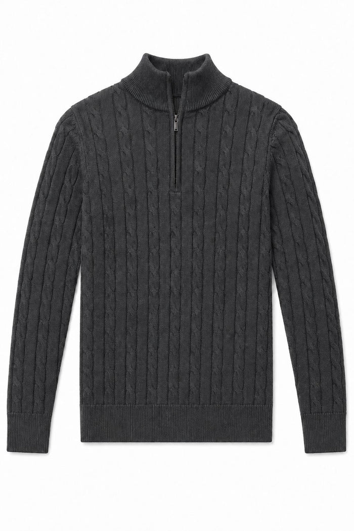 Men's Charcoal Grey 100% Cotton Fine Cable Knit Quarter Zip Neck Jumper