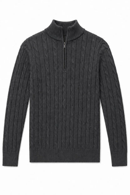 Men's Charcoal Grey 100% Cotton Fine Cable Knit Quarter Zip Neck Jumper