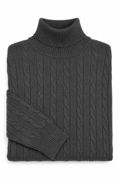 Men's Charcoal Grey 100% Cotton Fine Cable Knit Roll Neck Jumper