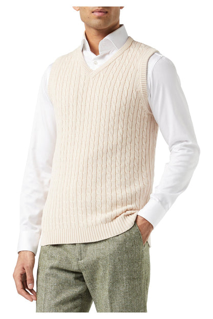 Mens Classic Knitted Sleeveless V Neck Beige Jumper