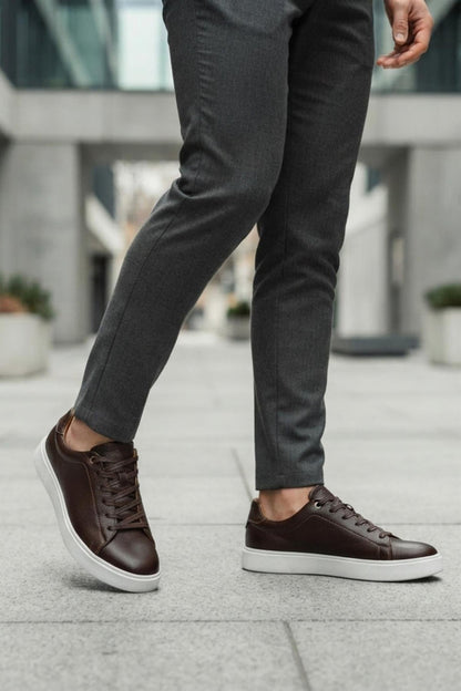 Men’s Coffee Brown Grain-Effect Faux Leather Lace-Up Trainers