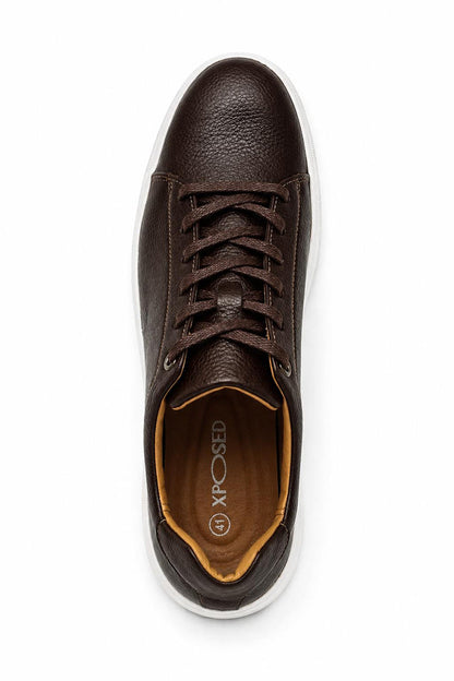 Men’s Coffee Brown Grain-Effect Faux Leather Lace-Up Trainers