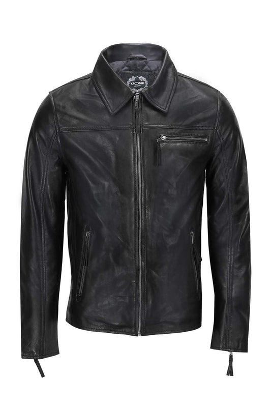 MEN'S COLLAR BIKER LEATHER JACKET IN BLACK