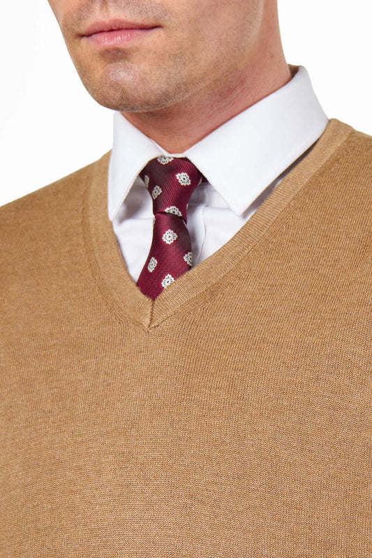 MEN’S COTTON V-NECK CAMEL FINE KNIT LIGHTWEIGHT