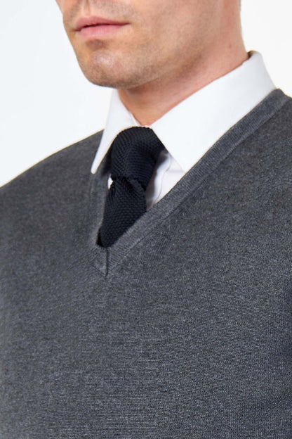 MEN’S COTTON V-NECK CHARCOAL JUMPER FINE KNIT LIGHTWEIGHT