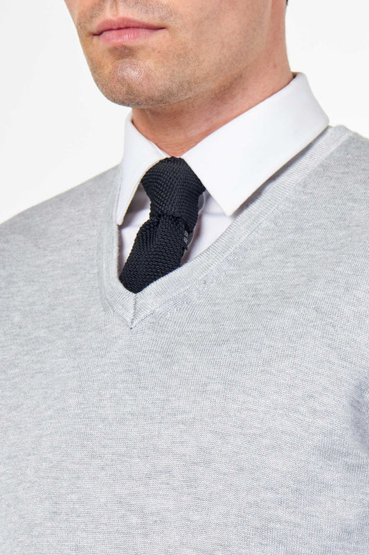 MEN’S COTTON V-NECK LIGHT GREY JUMPER FINE KNIT LIGHTWEIGHT
