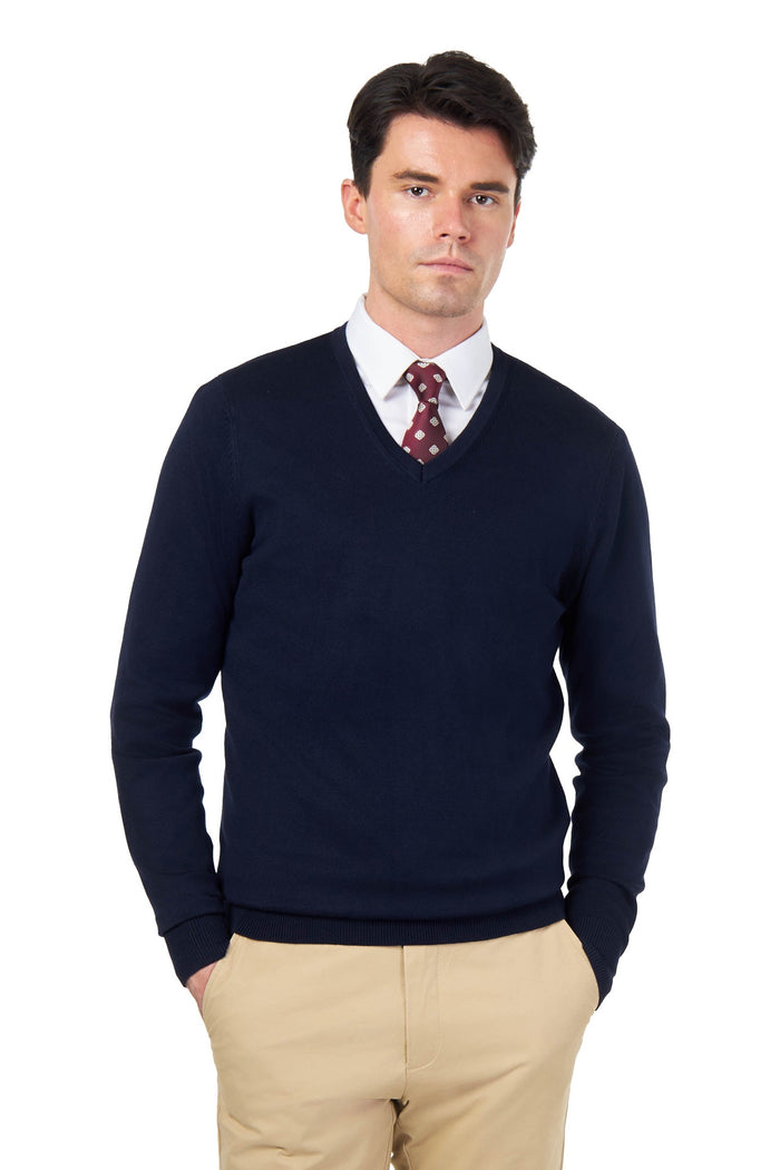MEN’S COTTON V-NECK NAVY JUMPER FINE KNIT LIGHTWEIGHT