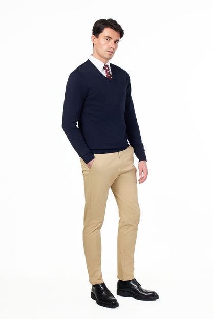 MEN’S COTTON V-NECK NAVY JUMPER FINE KNIT LIGHTWEIGHT
