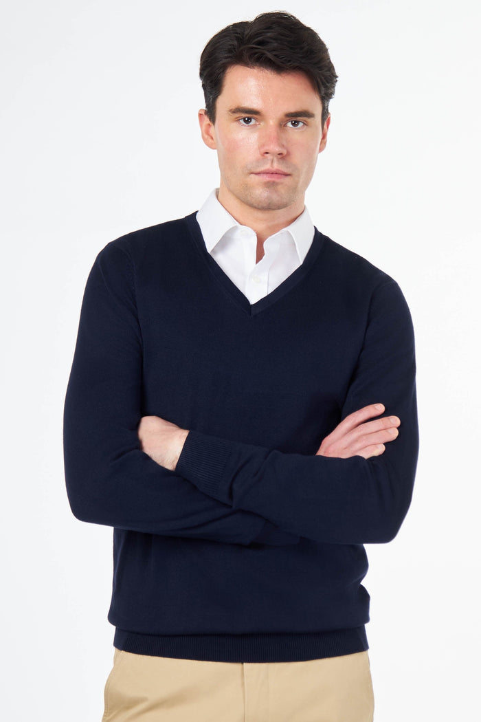 MEN’S COTTON V-NECK NAVY JUMPER FINE KNIT LIGHTWEIGHT