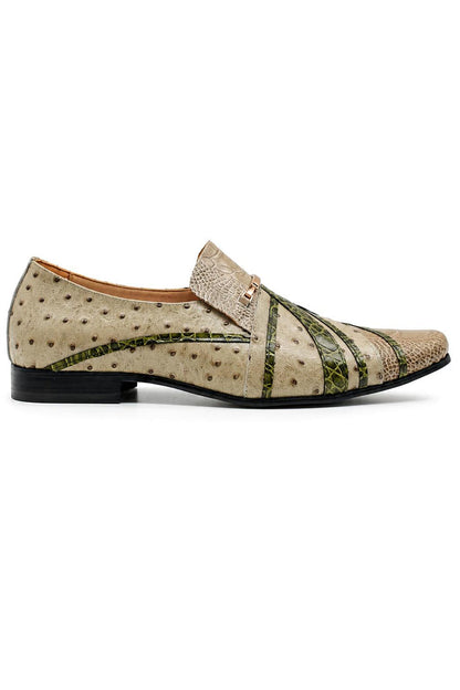 Men’s Cream & Green Snake-Effect Real Leather Loafers