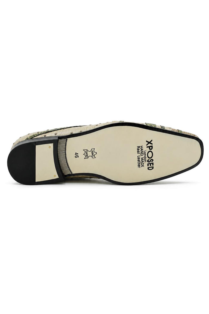 Men’s Cream & Green Snake-Effect Real Leather Loafers