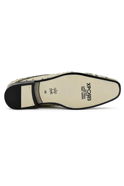 Men’s Cream & Green Snake-Effect Real Leather Loafers