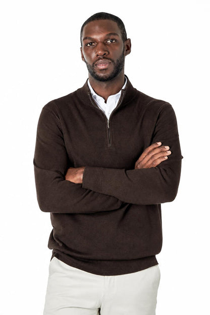 Men's Dark Brown 100% Cotton Fine Knit Quarter Zip Funnel Neck Jumper