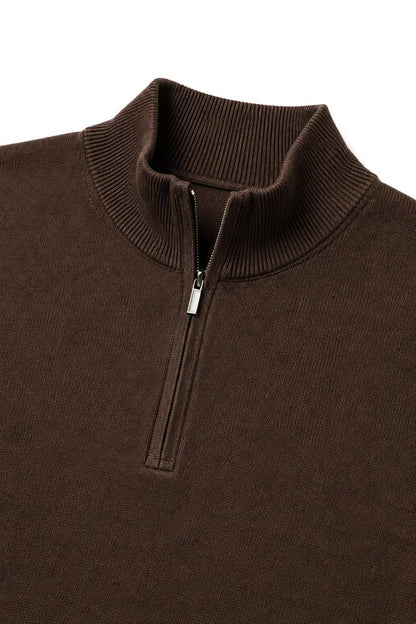 Men's Dark Brown 100% Cotton Fine Knit Quarter Zip Funnel Neck Jumper