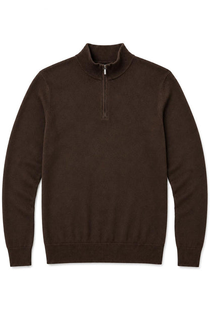 Men's Dark Brown 100% Cotton Fine Knit Quarter Zip Funnel Neck Jumper