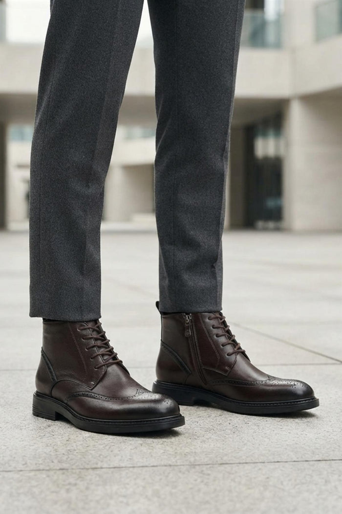Men's Dark Brown Faux Leather Wingtip Brogue Boots