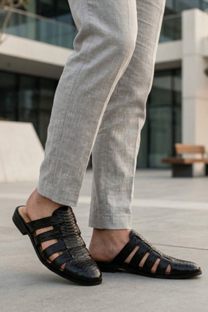 Men’s Essa Black Real Leather Mule Sandals