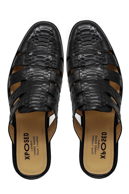 Men’s Essa Black Real Leather Mule Sandals