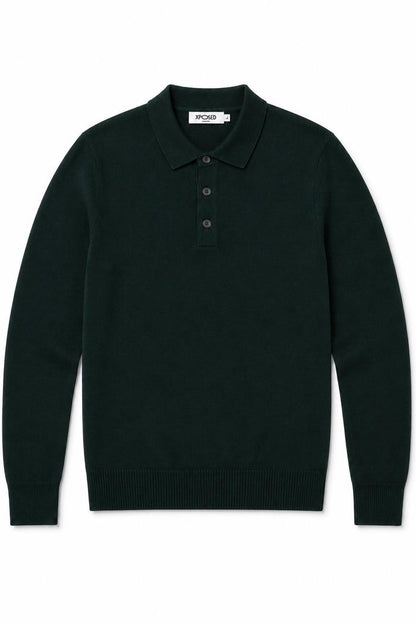 Men's Green 100% Cotton Fine Knit Button Neck Polo Jumper