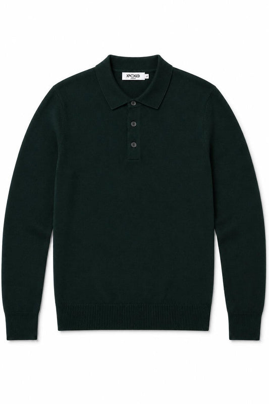 Men's Green 100% Cotton Fine Knit Button Neck Polo Jumper