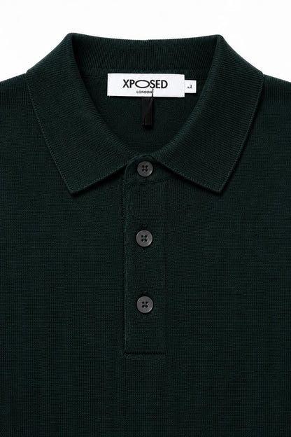 Men's Green 100% Cotton Fine Knit Button Neck Polo Jumper