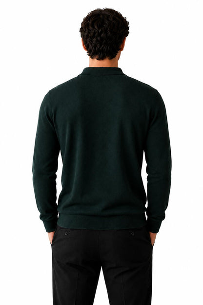 Men's Green 100% Cotton Fine Knit Button Neck Polo Jumper