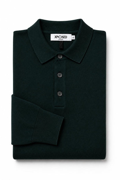 Men's Green 100% Cotton Fine Knit Button Neck Polo Jumper