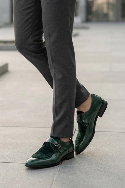 Men's Green Floral Velvet Monk Strap Dress Shoes