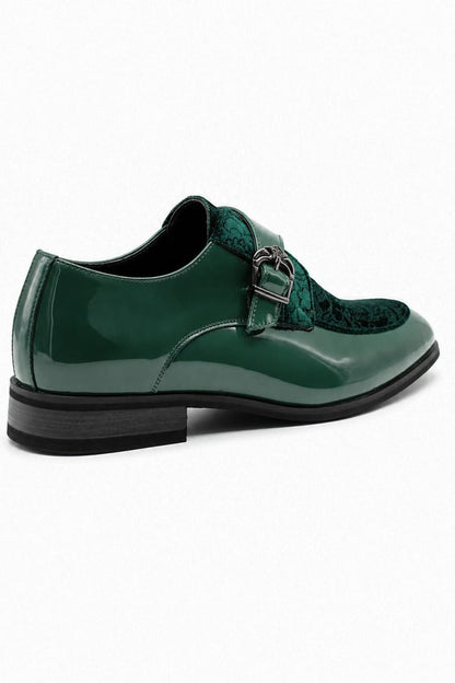 Men's Green Floral Velvet Monk Strap Dress Shoes