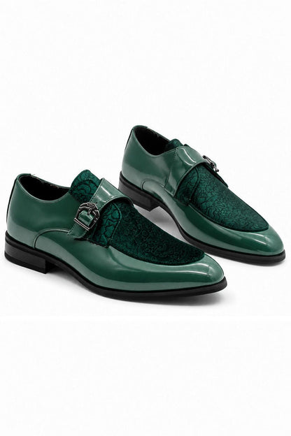 Men's Green Floral Velvet Monk Strap Dress Shoes