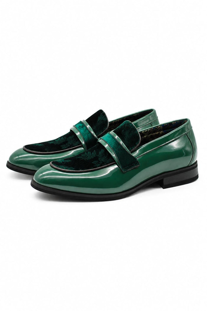 Men's Green Floral Velvet Patent Dress Loafers