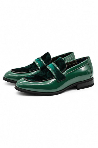 Men's Green Floral Velvet Patent Dress Loafers