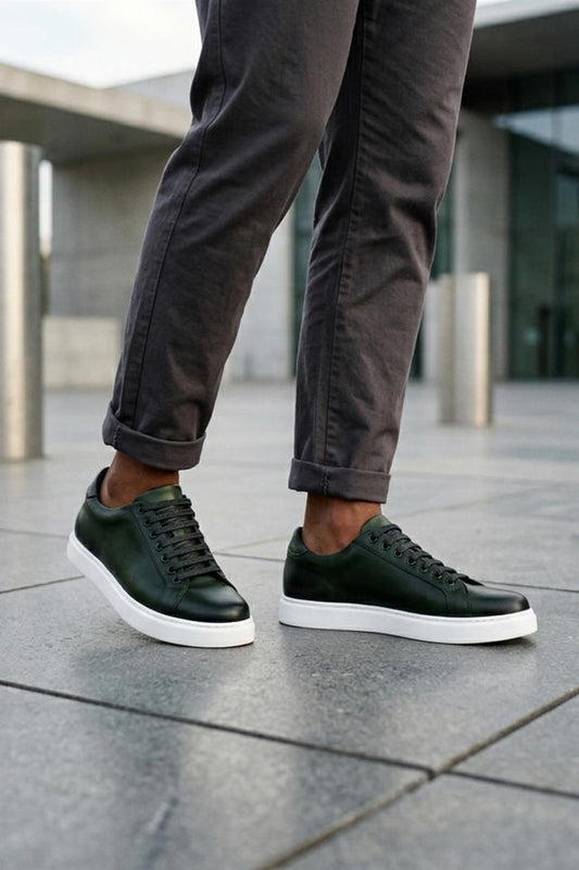Men's Green Real Leather Lace-Up Trainers White Sole