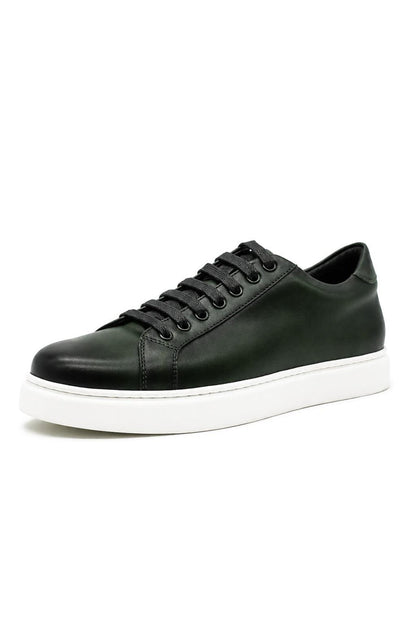 Men's Green Real Leather Lace-Up Trainers White Sole