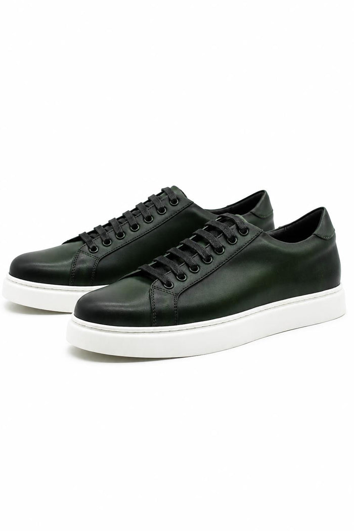 Men's Green Real Leather Lace-Up Trainers White Sole