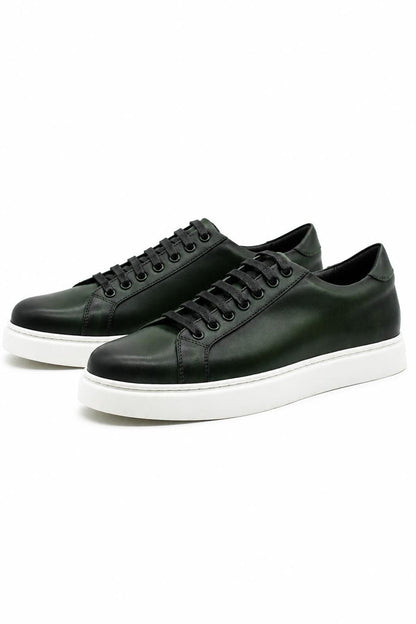 Men's Green Real Leather Lace-Up Trainers White Sole
