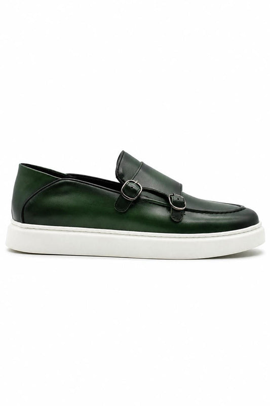 Men's Green Real Leather Monk Strap Trainers with White Sole
