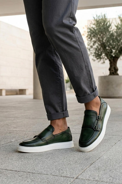 Men's Green Real Leather Monk Strap Trainers with White Sole