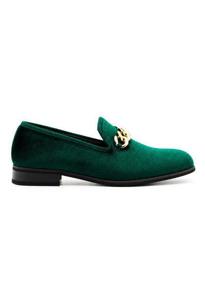 Men's Green Smooth Velvet Gold Chain Dress Loafers
