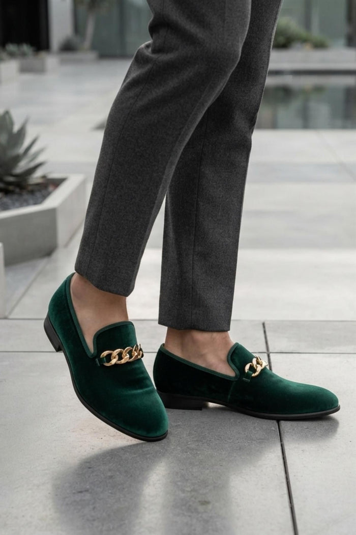 Men's Green Smooth Velvet Gold Chain Dress Loafers