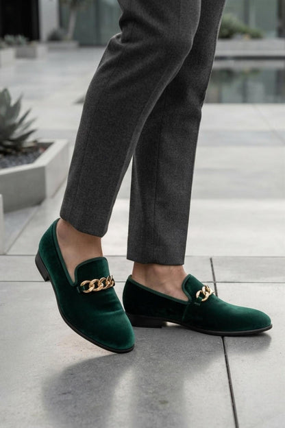 Men's Green Smooth Velvet Gold Chain Dress Loafers