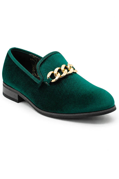 Men's Green Smooth Velvet Gold Chain Dress Loafers