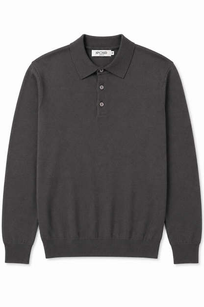 Men's Grey 100% Cotton Fine Knit Button Neck Polo Jumper