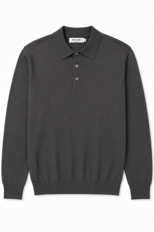 Men's Grey 100% Cotton Fine Knit Button Neck Polo Jumper