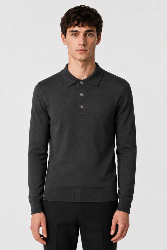 Men's Grey 100% Cotton Fine Knit Button Neck Polo Jumper