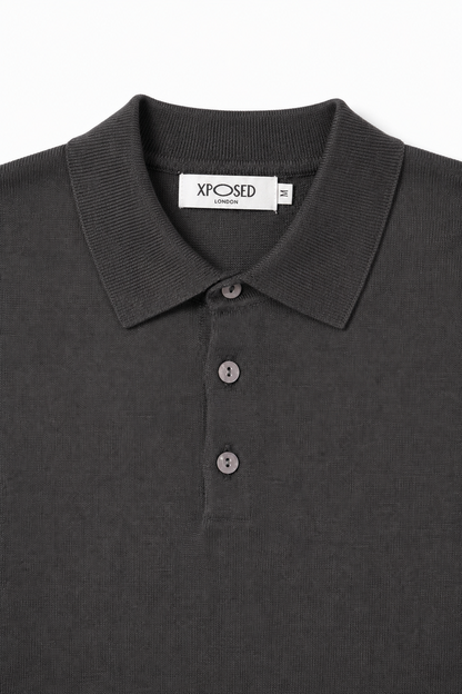 Men's Grey 100% Cotton Fine Knit Button Neck Polo Jumper