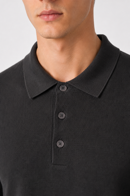 Men's Grey 100% Cotton Fine Knit Button Neck Polo Jumper