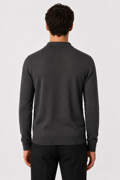 Men's Grey 100% Cotton Fine Knit Button Neck Polo Jumper